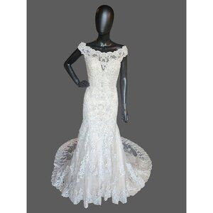 Ivory/Champagne Off Shoulder Fit and Flare Sparkle Illusion Wedding Gown